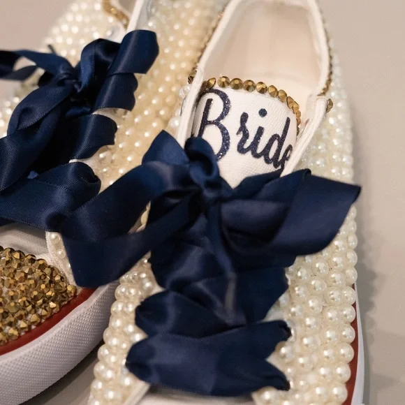 Elegant Pearl and Gold Custom Women's Bridal Sneaker - Picture 2 of 4